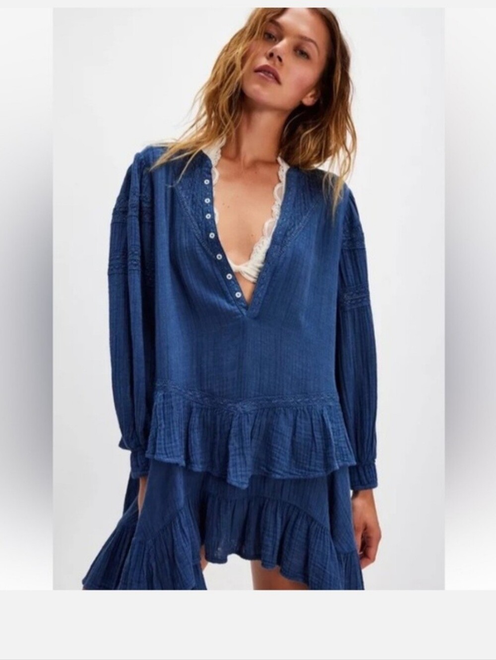 NWT Free People Sachi Mini Dress Tiered Ruffle Hem Lace Button V Big Dipper Blue